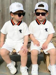 SHEIN 2pcs/Set Young Boys Casual Classic Embroidered Pattern Polo Shirt With Collar And Sports Shorts - White - View 7