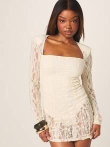 MISSGUIDED Women's Long Sleeve Square Neck Bodycon Lace Mini Dress With Delicate Floral Pattern For Cocktail Evening Party Occasions - Apricot - View 1