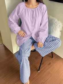 DAZY 2 Peças Conjunto de Pijama com Top de Manga Lanterna em Cor Sólida e Calça Longa de Perna Larga, Roupa de Descanso Feminina para Primavera - Roxo - Visão 4