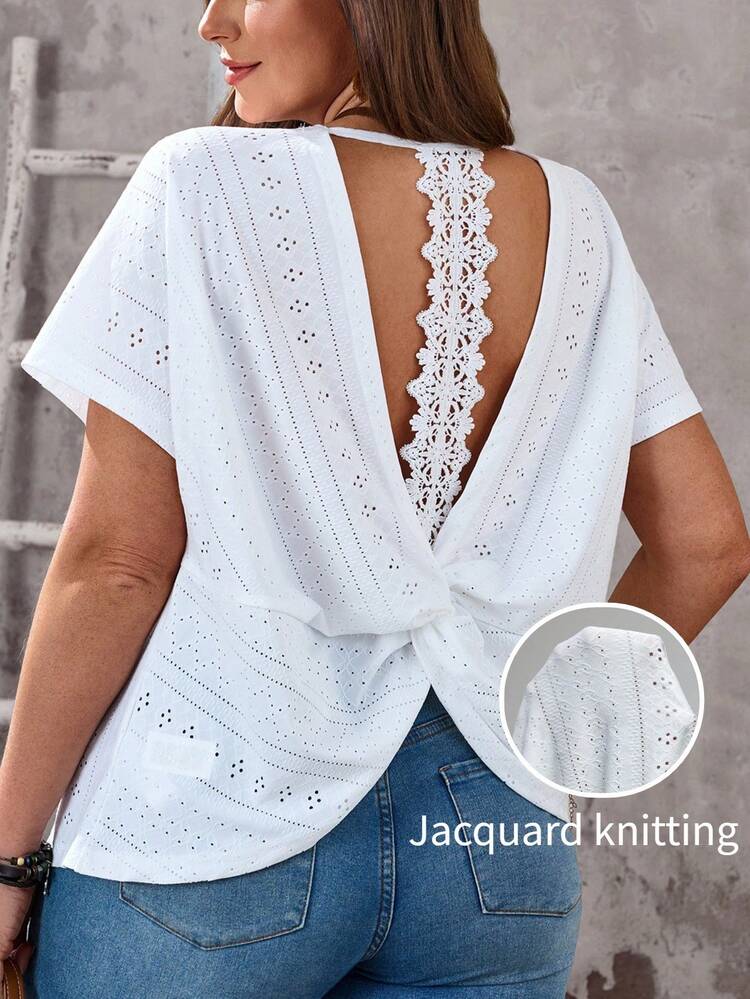 Plus Size Women's Lace Trim Backless T-Shirt For Summer/ Vacation Eyelet Top White Eyelet Top White Boho Top Eyelet Blouse Summer Tops For Women