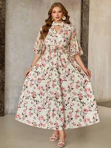 Roveilla Plus Size Pink Floral V-Neck Ruffle Sleeve Cinched Waist Maxi Dress,Elegant Summer French Style Wildflower Cottagecore Modest Easter Tea Party Outfit - Apricot - View 5