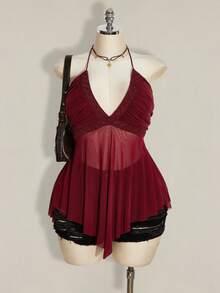SHEIN ICON 大码交叉吊带不对称网纱拼接女式背心 - 玫瑰紅 - 查看 1