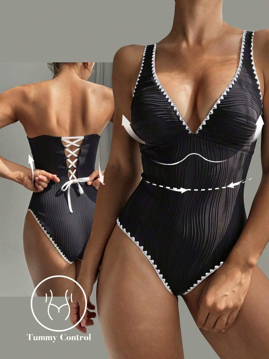Shapewave Áo tắm liền thân nữ bằng vải dệt họa tiết, kiểu buộc dây phía sau, phong cách gợi cảm cho kỳ nghỉ biển, áo tắm liền thân màu đen dành cho nữ, áo tắm che khuyết điểm vòng bụng, áo tắm buộc dây phía sau, đồ bơi màu đen gợi cảm. - màu đen - Xem 1