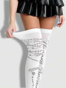 ROMWE Goth 1 đôi tất dài đến đùi màu đen co giãn cao dành cho nữ - Trắng đen - Xem 2