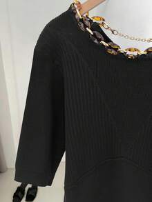 Franclia Women's Black Plain Ribbed Knit Top Regular Length Half Sleeve Round Neck With Unique Tortoiseshell Chain For Casual Wear - Black - View 3