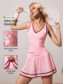 CourtClass Women's Striped V-Neck Tank Top And Geometric Hollow-Out Tennis Skirt Set - Pink - View 1