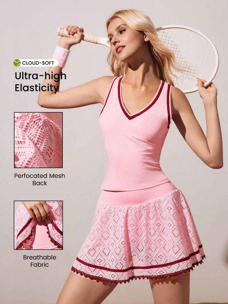 CourtClass Women's Striped V-Neck Tank Top And Geometric Hollow-Out Tennis Skirt Set - Pink - View 1