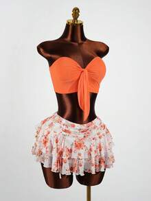 SaltGleam SaltGleam 性感度假露肩上衣和荷叶边碎花裙两件套 - 橘色 - 查看 5