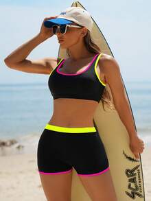 Swim SPRTY Women's Contrast Trim Swimsuit Set For Beach Vacation - Black - View 5