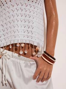 SHEIN BAE Casual Vacation Shell Tassel Tie Neck Knit Blouse For Women - White - View 6