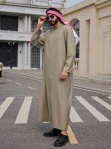 DAZY Men's Long Gray Half-Placket Middle Eastern Style Robe Shirt, Spring Summer - Grey - View 6