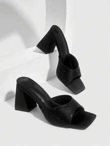 CUCCOO SZL 女鞋 新款简约时尚高跟鞋 配色布艺粗跟 特殊鞋跟 方头 亮片水钻 性感百搭 通勤 节日 春夏 四季 职场 派对 约会 街头时尚 经典凉鞋 优雅女鞋 - 黑色 - 查看 1