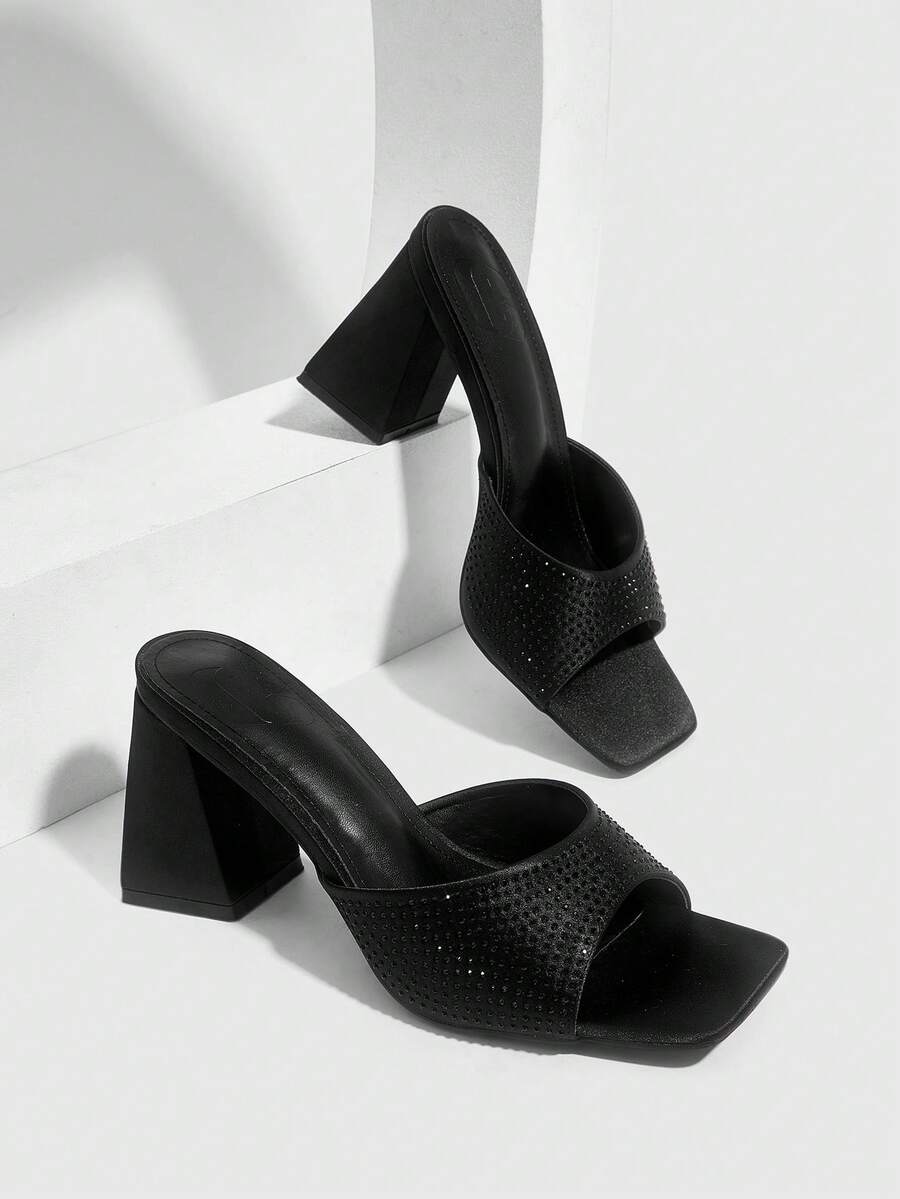 CUCCOO SZL 女鞋 新款简约时尚高跟鞋 配色布艺粗跟 特殊鞋跟 方头 亮片水钻 性感百搭 通勤 节日 春夏 四季 职场 派对 约会 街头时尚 经典凉鞋 优雅女鞋 - 黑色 - 查看 1