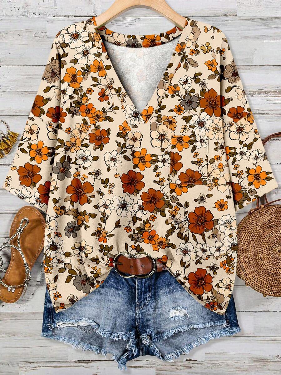 Mellowie 休闲浪漫印花宽松V领口袋短袖T恤，适合夏季、音乐节、派对等场合，尺码齐全。 - 彩色 - 查看 1