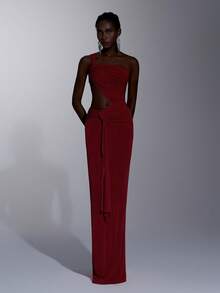 Elitara Elegant Luxury Cream Satin One-Shoulder Eyelash Collar Ruched Waist Splice Fishtail Hem Dress, Suitable For Festivals, Weddings, Galas, Concerts, Business Events, Influencer Activities (Adult) - Red - View 4