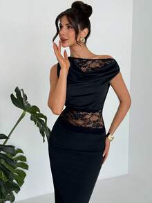 Firerie 女士优雅性感蕾丝拼接不对称领T恤，夏季 - 黑色 - 查看 2