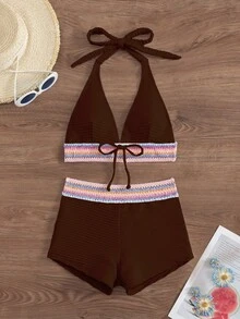 Swim Lushoire 2件套新款春夏棕色系带露脐吊带上衣和性感短裤度假休闲沙滩派对假日比基尼泳装女装 - 棕色 - 查看 3