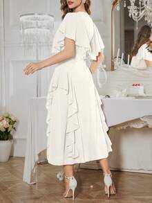 Modelyn Women's Solid Color Knotted Ruffle Hem Elegant Waist Cinched Long Dress, Suitable For Dates And Parties - Apricot - View 2