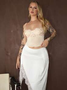 Arliah 女士优雅刺绣撞色蕾丝不对称半身裙，春夏款 - 杏色 - 查看 3