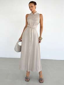 Siren Gaze 新款春夏亚麻束腰打结连衣裙（女款） - 杏色 - 查看 4