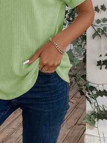 New Fashion Casual Versatile V-Neck Textured Knit Fabric Short Sleeve T-Shirt For Women - Mint Green - View 6
