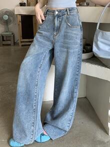 FRIFUL Women's Loose Fit Pocketed Wide Leg Casual Jeans - Blue - View 2