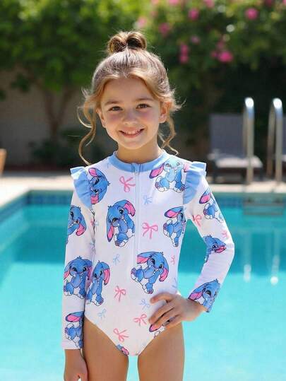 SHEIN Young Girl Cute Blue & White Stitch Print One-Piece Long Sleeve Swimsuit, Single Layer Ruffle Design Digital Printing, Fashion Casual Elegant Lady Suitable For Swimming, Vacation, Summer Bathing Suits Blue One Piece Swimsuit Beachwear Rash Guard Swimsuit Swim Shirt For Young Girl Rash Guard Girl Rash Guard Swimsuits For With Sleeves Long Sleeve Swimsuit Girls Long Sleeve Swimsuit For Girls