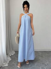 Louniche Women's Summer Cotton Blue Striped Criss-Cross Spaghetti Strap A-Line Sleeveless Open Shoulder Maxi Dress, Sexy Vacation Style, Bohemian Flowy Long Dress For Spring/Summer - Blue - View 4