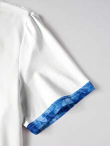 Manfinity Joysei Unisex Cartoon Rabbit + Refreshing Indigo Print Contrast Color Round Neck T-Shirt, Casual Versatile Round Neck T-Shirt - Multicolor - View 3