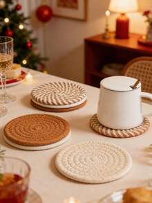 8pcs Pack Coasters With Holder, Minimalist Table Woven Coasters, Kitchen Table Heat-Resistant Coasters And Thick Insulation Pads For Kitchen Decor,4 Colors Assorted Coaster Set For Home Decor, Living Room Decor, Kitchen Decor Tabletop Protection Suitable For Kinds Of Cups, Christmas For Holiday Gift Giving - Multicolor - View 3