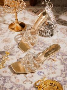 CUCCOO TILAWA 女鞋方头细跟香槟色透明镂空水钻性感时尚优雅华丽女式高跟凉鞋拖鞋配裙子日常百搭宴会派对女式凉鞋 - 香檳色 - 查看 1