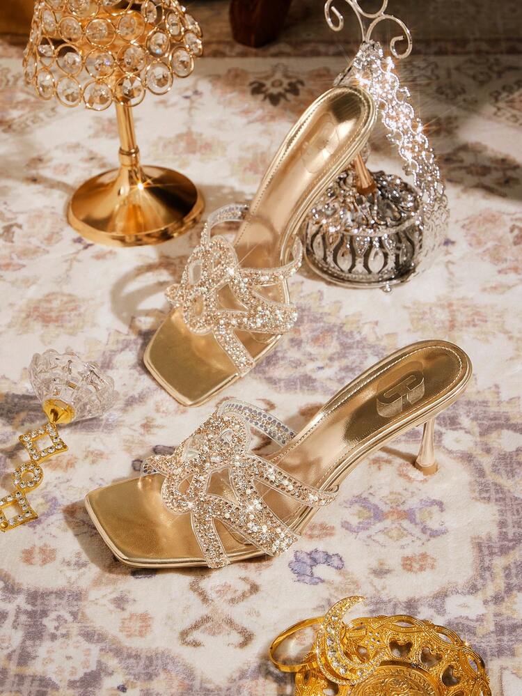 CUCCOO TILAWA Women Shoes Square Toe Slender Heel Champagne Transparent Film Hollow Rhinestones Sexy Fashion Elegant Gorgeous Women's High Heel Sandals Slippers With Skirts Daily Versatile Banquet Party Women's Sandals