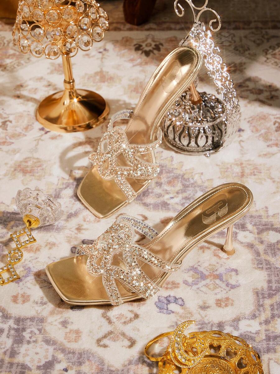 CUCCOO TILAWA 女鞋方头细跟香槟色透明镂空水钻性感时尚优雅华丽女式高跟凉鞋拖鞋配裙子日常百搭宴会派对女式凉鞋 - 香檳色 - 查看 1