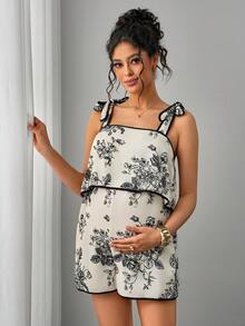 SHEIN Maternity Commuter Versatile Bow Tie Shoulder Romper - Multicolor - View 1