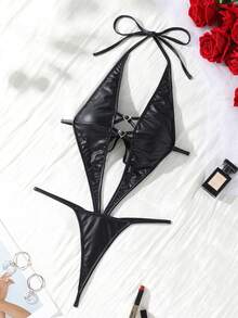 SHEIN Front Decor Cutout Sexy Bodysuit, Rave For Going Out - Black - View 6