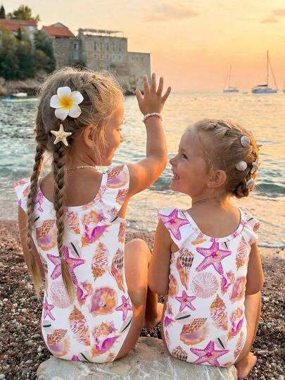 SHEIN Mermaid Colorful & Pink-Purple Seashell Marine Life, Star Print Pattern, Young Girl Sweet Casual Cute Cartoon Strawberry Print Flutter Sleeve One-Piece Swimsuit, Beach Trip, Summer Vacation, Viral, Aesthetic Swimsuit, Pool Party, Summer Camp, Cute Summer Outfits, Summer Kids Items