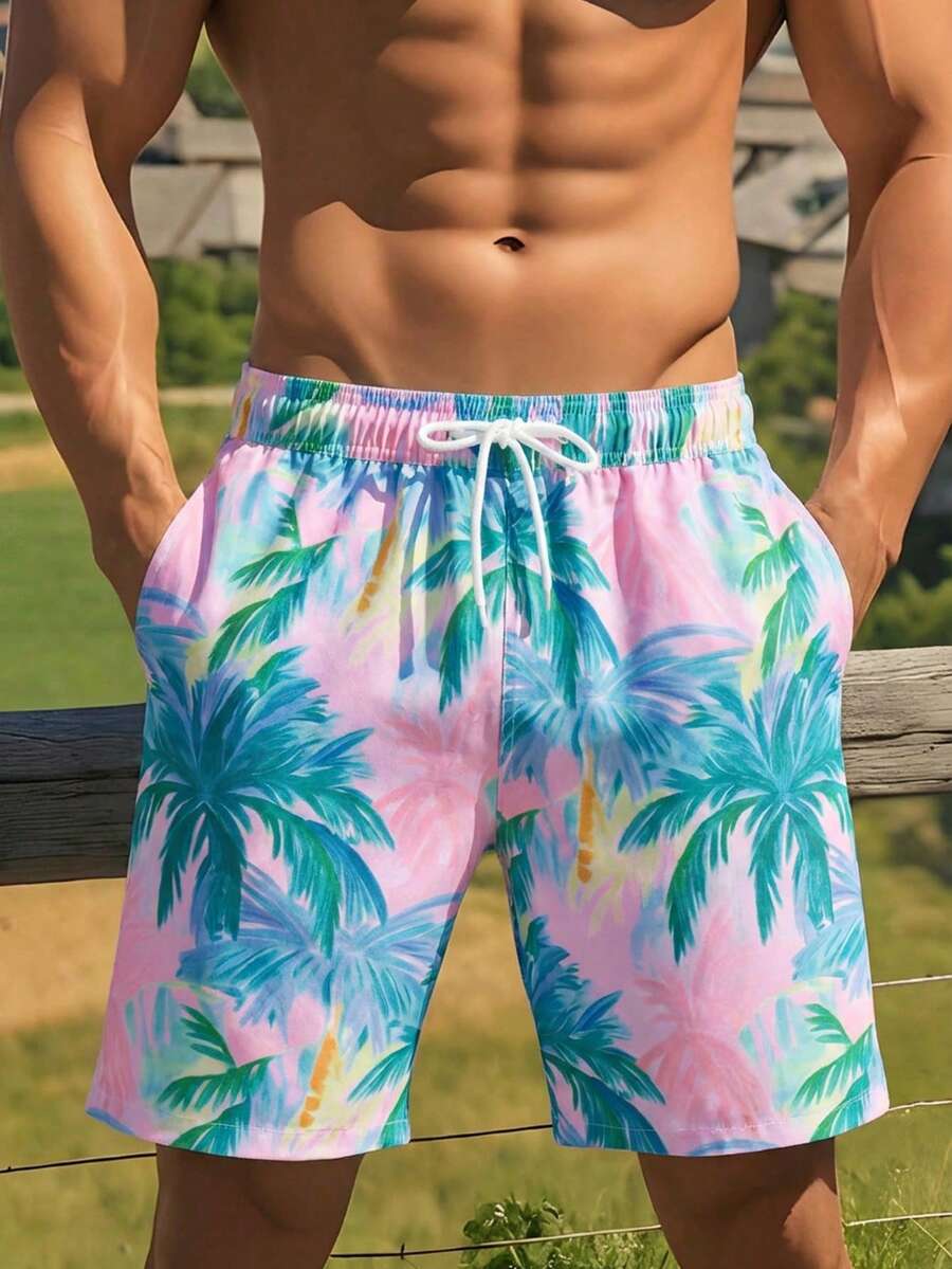 Manfinity Swimmode 男士棕榈树印花抽绳腰带时尚休闲沙滩短裤，男士配套泳裤，男士泳裤，男士沙滩装，男士泳裤短裤，夏威夷男士泳裤，粉色泳池派对装，迈阿密度假装，男士沙滩装 - 粉色 - 查看 1
