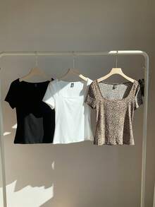 SHEIN EZwear 3pcs/Set Women's Square Neck Short Sleeve Casual Fitted T-Shirt Set, Suitable For Summer, Ribbed Top, Basic - Multicolor - View 3