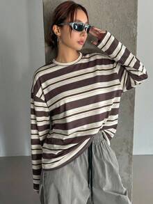 DAZY 女款條紋寬鬆長袖圓領長版T恤，夏季大尺寸校園風 - 杏色 - 查看 3