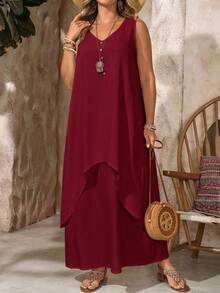 EMERY ROSE Plus Size Women's Summer Boho Vacation Holiday V-Neck Sleeveless Burgundy 2 In 1 Long Dress,Flowy Beach Outfits,Casual Spring Break Fashionable Wear - Burgundy - View 5