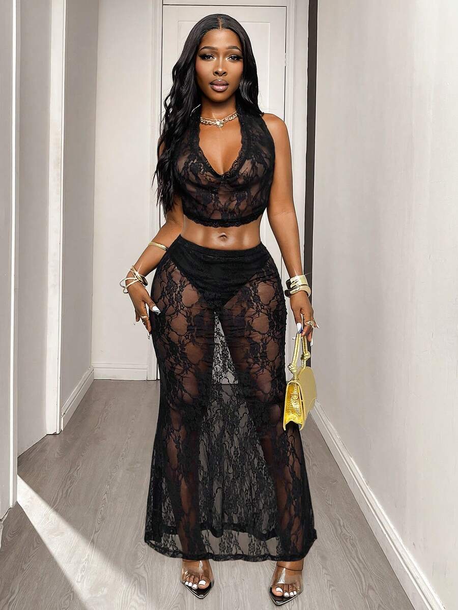 Glyssa Women's New Lace Halter Neck Crop Top And Skirt Set, Sexy Sheer Romantic Allure, Black 2-Piece - Black - View 1