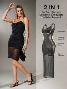 Nuvra Vestido de licra metálica brillante 2 en 1 para mujer con busto acolchado, vestido de cintura con control de abdomen de doble capa y falda levantadora para fiesta - Negro - Ver 5