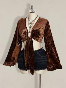 SHEIN ICON 大码女式复古荷叶边系领绿色丝绒衬衫 - 棕色 - 查看 4