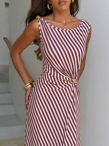 Serisse Women's Striped Metal Decor Cinched Waist Maxi Dress,Elegant White Summer Casual Brunch Party Dress,French Brown Off-Shoulder Knit Long Beach Dress - Brown - View 11