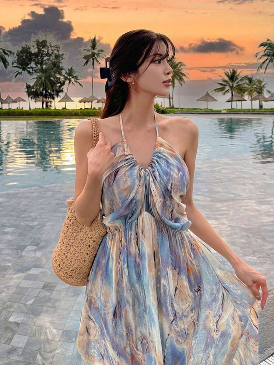 DAZY 女士度假休闲扎染印花露背连衣裙夏季 - 藍色 - 查看 1