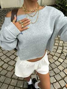 SHEIN EZwear Women's Off-Shoulder Cropped Sweatshirt, Suitable For Fitness, Dancing, Autumn/Winter, Loose Fit Casual Crew Neck Long Sleeve Thick Sweatshirt - Multicolor - View 5