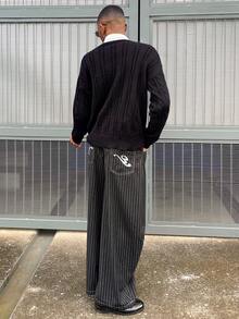 Ngobest Haus Ngobest Haus 男士时尚休闲宽松条纹刺绣长裤，秋季 - 黑色 - 查看 5