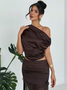 Firerie Women's Elegant Minimalist Dignified Fashion Refined Modern Commute Casual New Style Fashionable Vacation Ruffle Shoulder Short T-Shirt Top - Brown - View 7