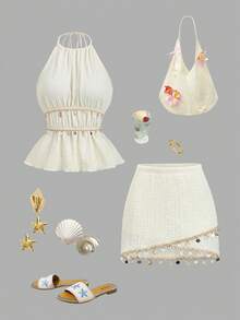 Sweetra 女士米色褶皱吊带流苏吊带背心和不对称下摆半身裙套装，春夏款 - 杏色 - 查看 1