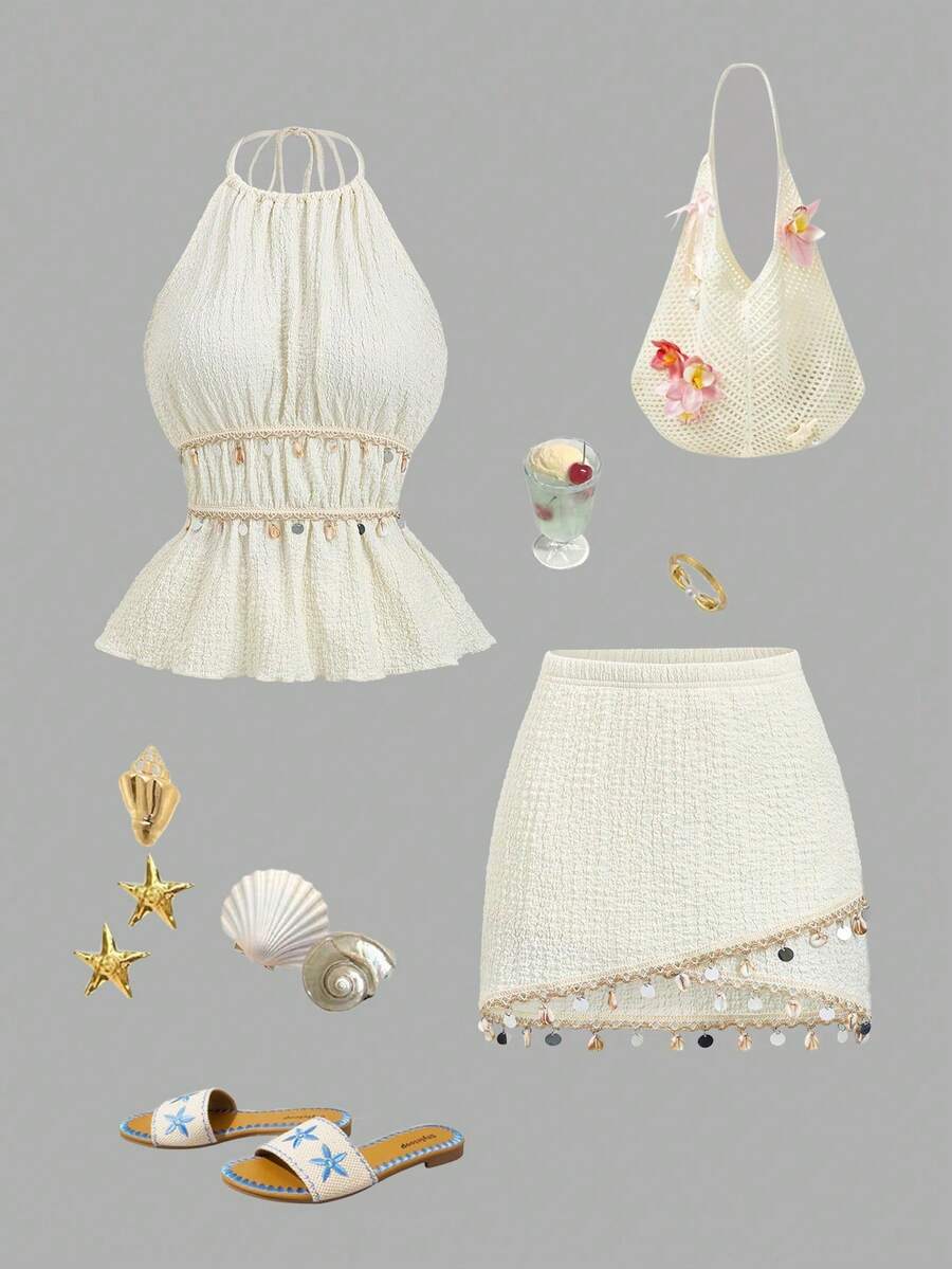 Sweetra 女士米色褶皱吊带流苏吊带背心和不对称下摆半身裙套装，春夏款 - 杏色 - 查看 1